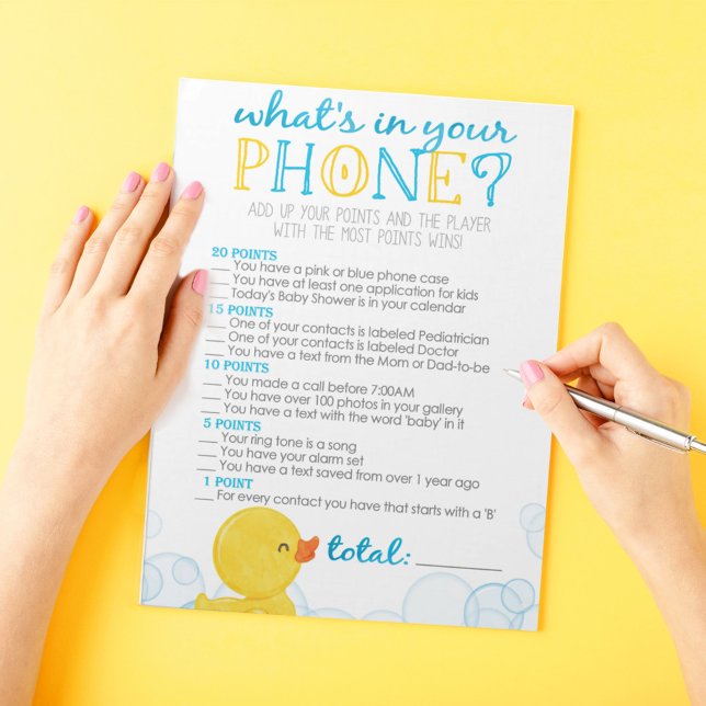 Rubber Duck What's In Your Phone Baby Shower Game Notepad (What's In Your Phone Watercolor Rubber Duck Baby Shower Game Pack of 40 Answer Sheets)