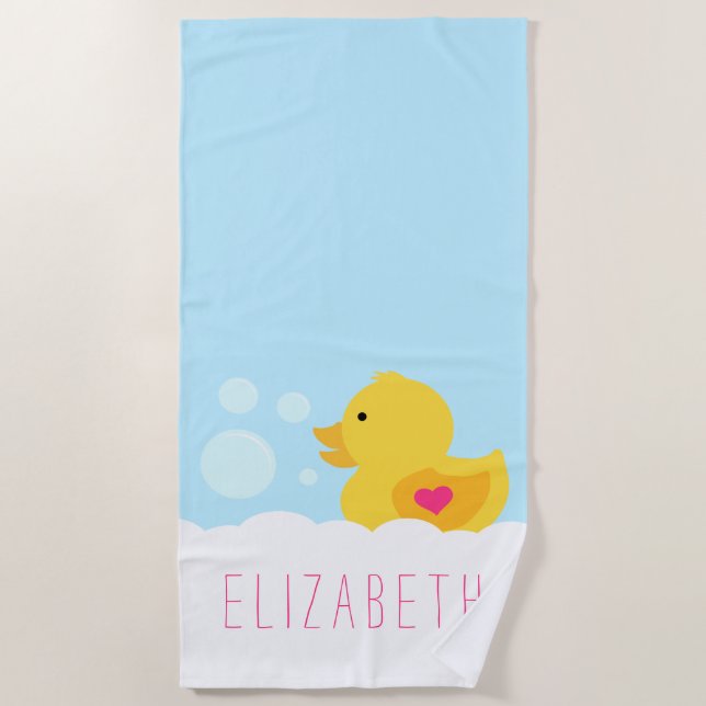 Rubber Duck With Pink Heart Beach Towel (Front)