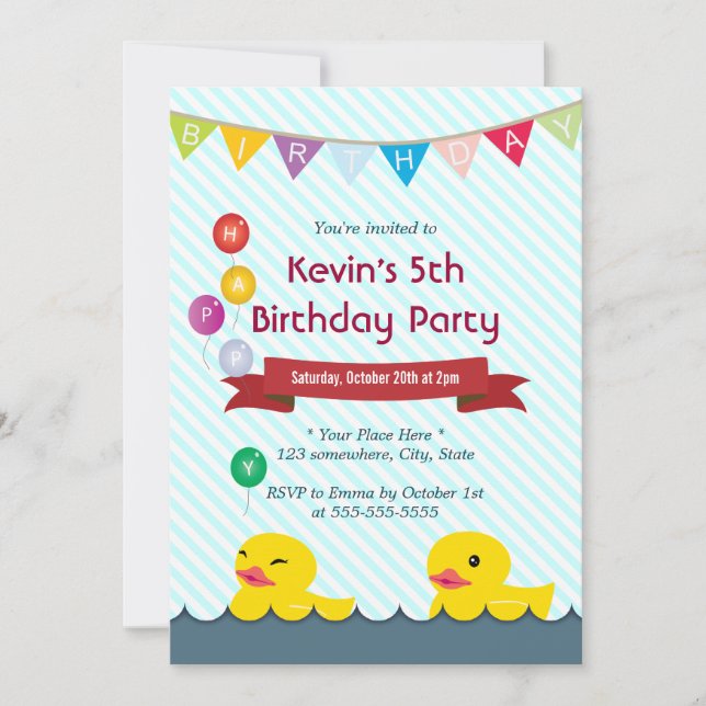 Rubber Ducks Blue Stripes Birthday Invitations (Front)