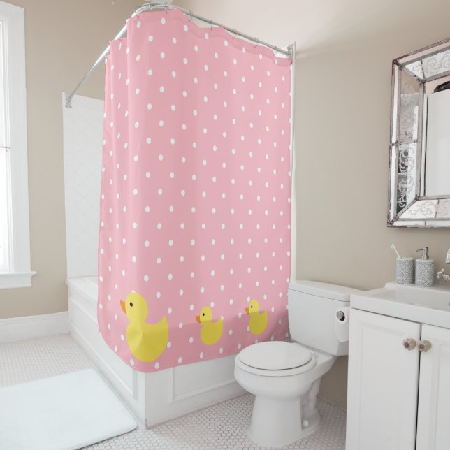 Rubber Ducks Swimming on Pink Polka Dots Shower Curtain (In Situ)