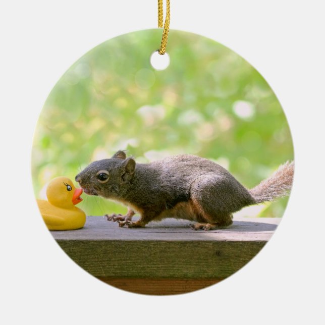 Rubber Ducky and Squirrel Kissing Ceramic Tree Decoration (Front)
