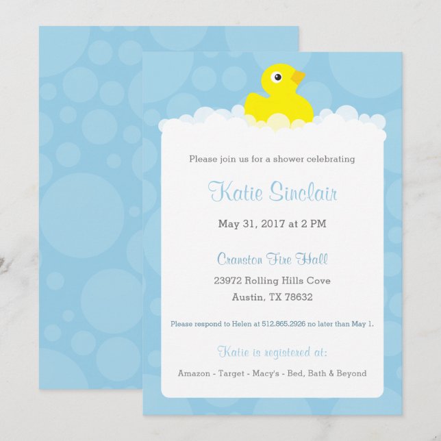 Rubber Ducky Baby Shower Invitation - Blue (Front/Back)