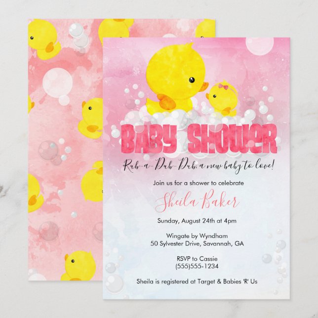 Rubber Ducky Baby Shower Invitation | Girl Duckie (Front/Back)
