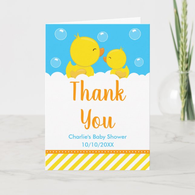 Rubber Ducky Baby Shower Yellow and Blue Thank You Card (Front)