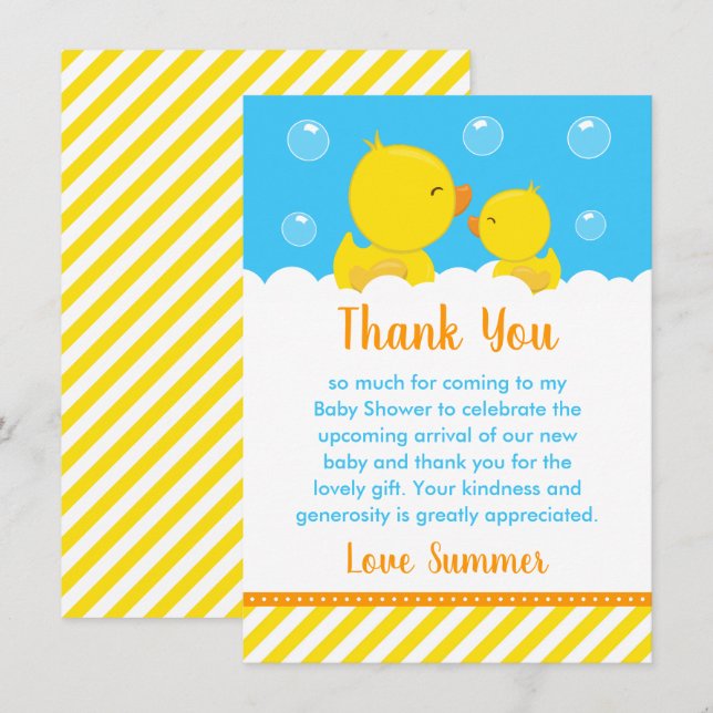 Rubber Ducky Baby Shower Yellow and Blue Thank You Card (Front/Back)