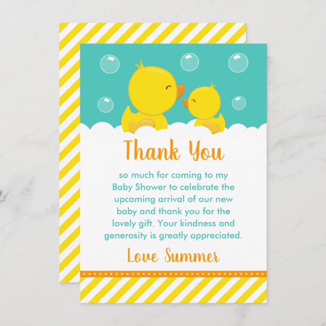 Rubber Ducky Baby Shower Yellow and Green Thank You Card (Front/Back)