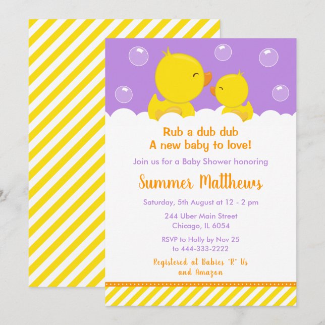 Rubber Ducky Baby Shower Yellow and Purple Invitation (Front/Back)