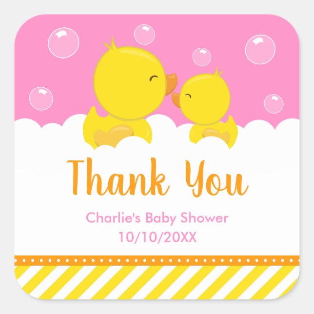 Rubber Ducky Baby Shower Yellow Pink Thank You Square Sticker (Front)