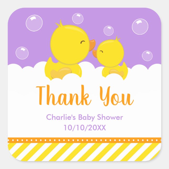 Rubber Ducky Baby Shower Yellow Purple Thank You Square Sticker (Front)