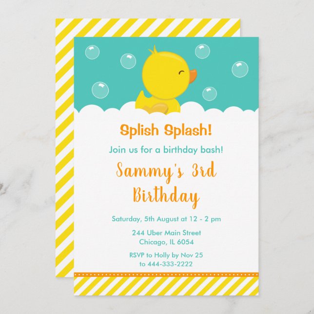 Rubber Ducky Birthday Party Yellow and Green Invitation (Front/Back)