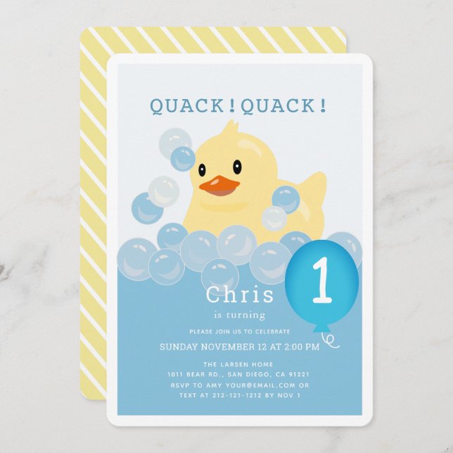 Rubber Ducky Blue Boy 1st Birthday Invitation (Front/Back)