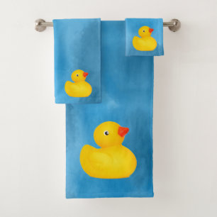 Rubber Ducky Duck Blue Watercolor Art Bath Towel Set