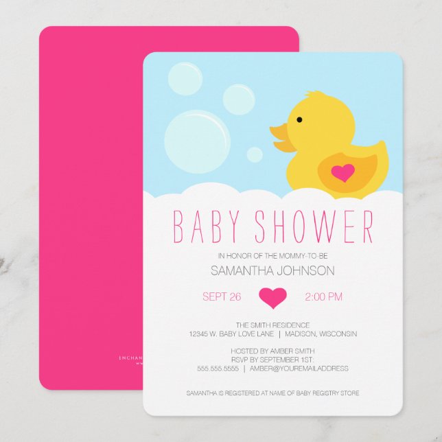 Rubber Ducky Pink Girl Baby Shower Invitation (Front/Back)