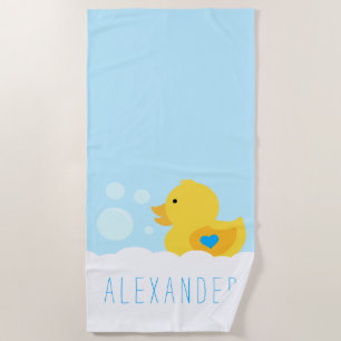Rubber Ducky With Blue Heart Beach Towel