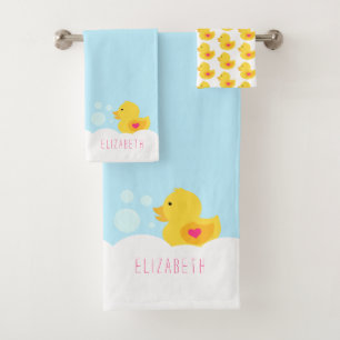 Rubber Ducky With Pink Heart Bath Towel Set