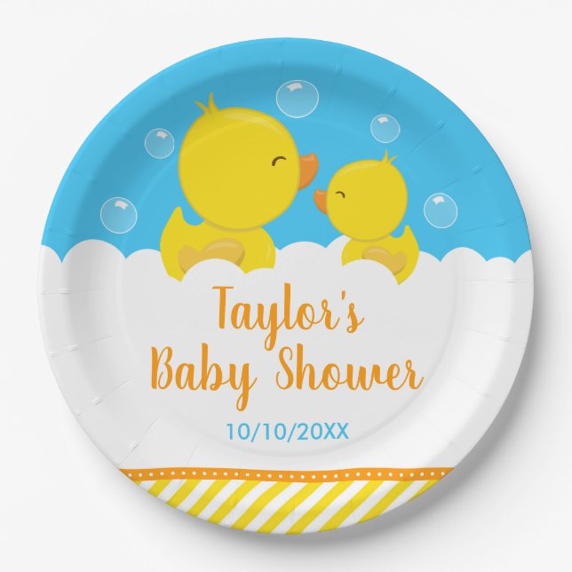 Rubber Ducky Yellow and Blue Baby Shower Paper Plate (Front)