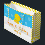 Rubber Ducky Yellow and Blue Happy Birthday Large Gift Bag<br><div class="desc">This cute and fun gift bag can be personalised with a name or title, such as son, grandson, nephew, friend etc. It features an adorable yellow duck in white soapy bath bubbles on a bright blue background with an orange ribbon and yellow stripes. The text combines handwritten script and sans...</div>