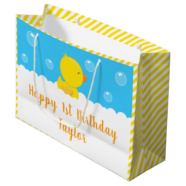 Rubber Ducky Yellow and Blue Happy Birthday Large Gift Bag (Front Angled)