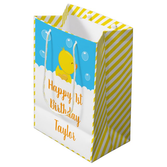 Rubber Ducky Yellow and Blue Happy Birthday Medium Gift Bag (Front Angled)
