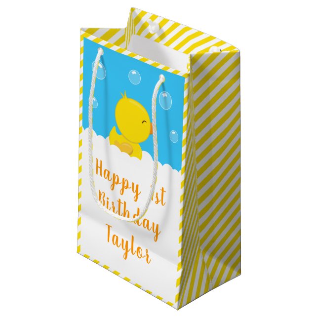 Rubber Ducky Yellow and Blue Happy Birthday Small Gift Bag (Front Angled)
