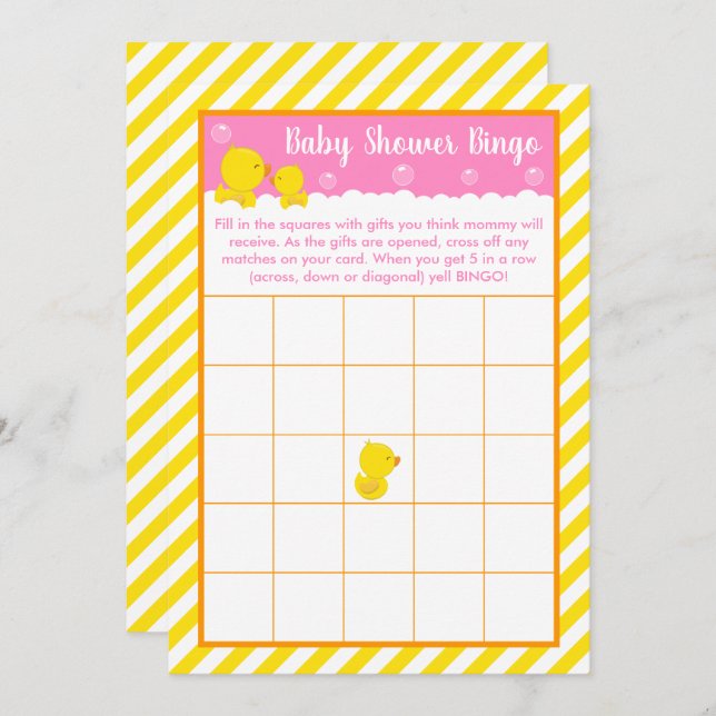 Rubber Ducky Yellow and Pink Baby Shower Bingo Invitation (Front/Back)