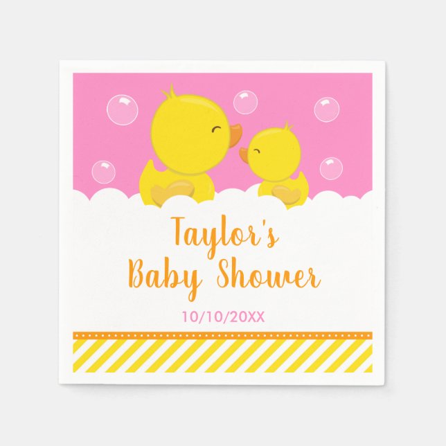 Rubber Ducky Yellow and Pink Baby Shower Napkin (Front)