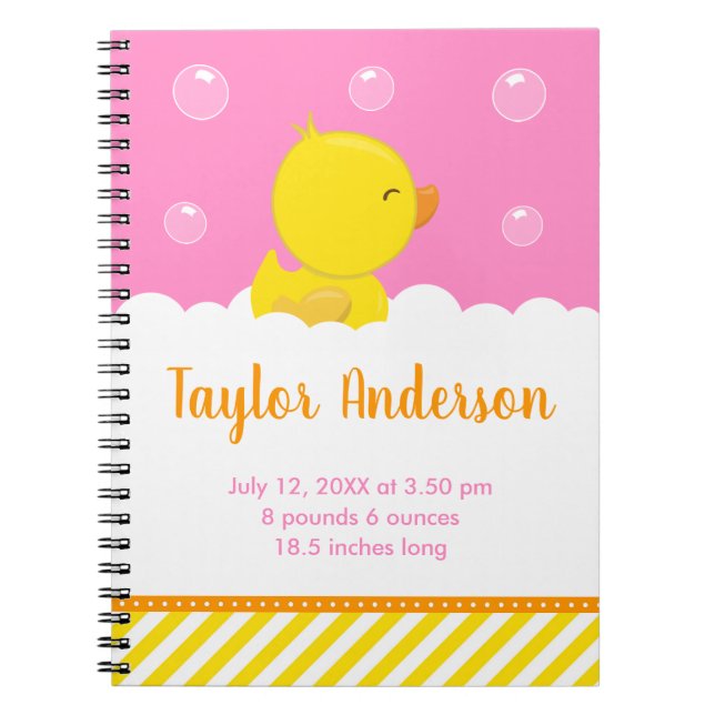 Rubber Ducky Yellow and Pink Birth Statistics Notebook (Front)