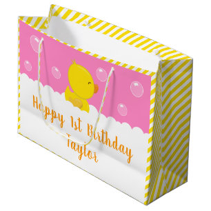 Rubber Ducky Yellow and Pink Happy Birthday Large Gift Bag