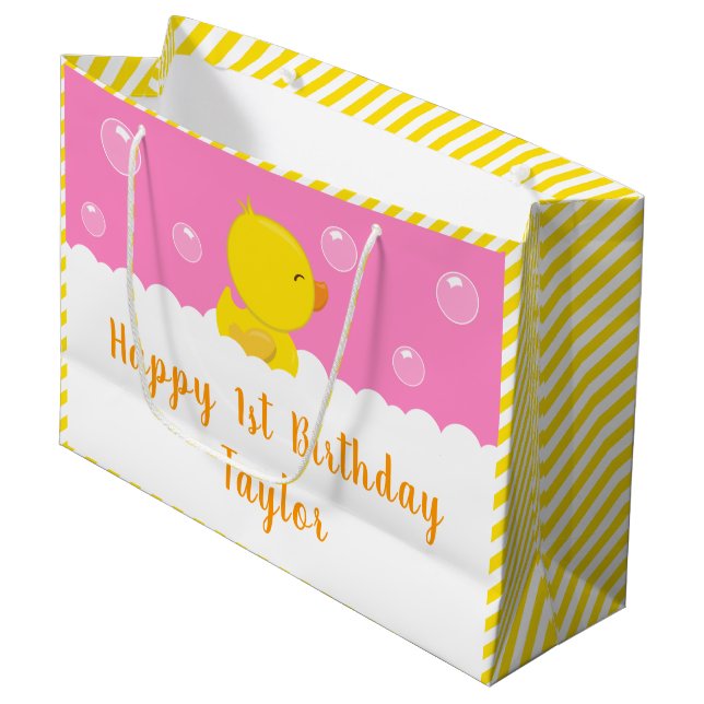 Rubber Ducky Yellow and Pink Happy Birthday Large Gift Bag (Front Angled)