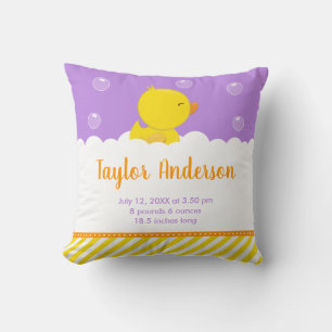 Rubber Ducky Yellow and Purple Birth Statistics Cushion