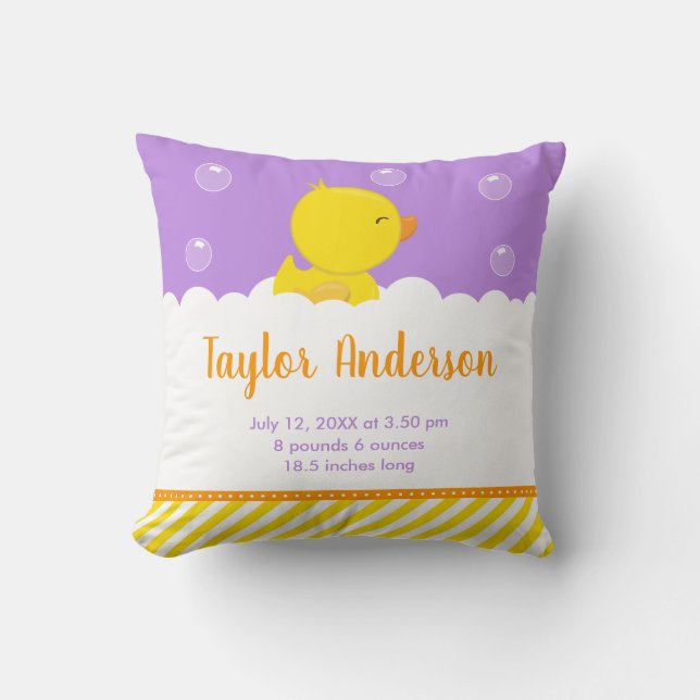 Rubber Ducky Yellow and Purple Birth Statistics Cushion (Front)