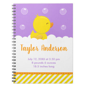 Rubber Ducky Yellow and Purple Birth Statistics Notebook