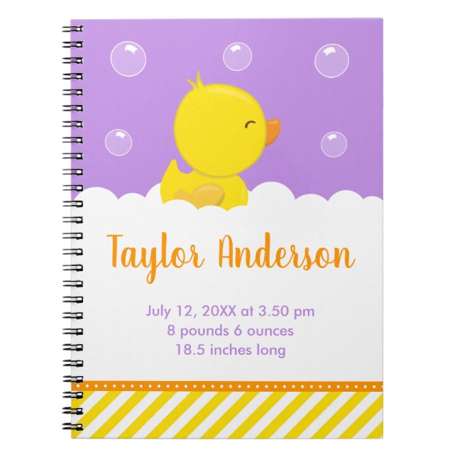 Rubber Ducky Yellow and Purple Birth Statistics Notebook (Front)