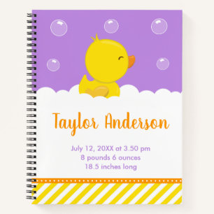 Rubber Ducky Yellow and Purple Birth Statistics Notebook
