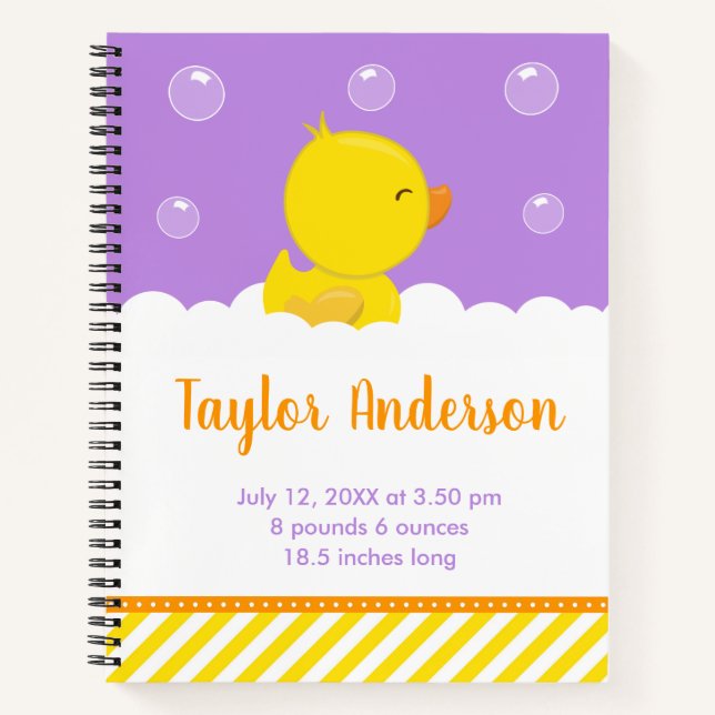 Rubber Ducky Yellow and Purple Birth Statistics Notebook (Front)