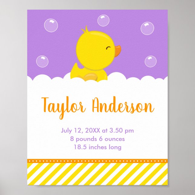 Rubber Ducky Yellow and Purple Birth Statistics Poster (Front)