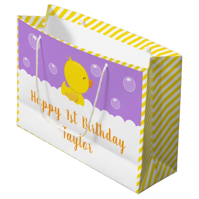Rubber Ducky Yellow and Purple Happy Birthday Large Gift Bag (Front Angled)