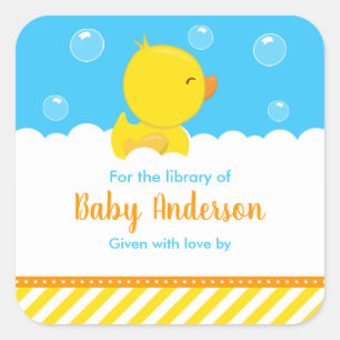 Rubber Ducky Yellow Blue Baby Library Bookplate Square Sticker