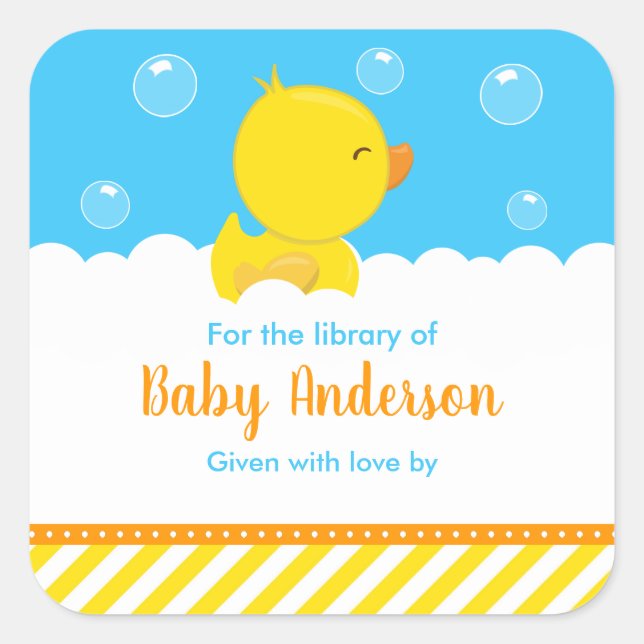 Rubber Ducky Yellow Blue Baby Library Bookplate Square Sticker (Front)