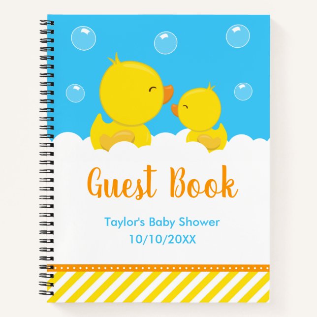 Rubber Ducky Yellow Blue Baby Shower Guest Book (Front)