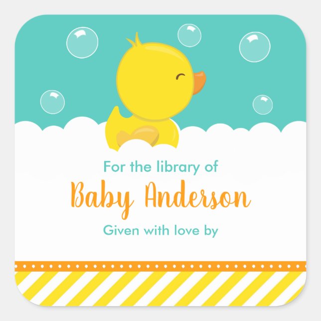 Rubber Ducky Yellow Green Baby Library Bookplate Square Sticker (Front)