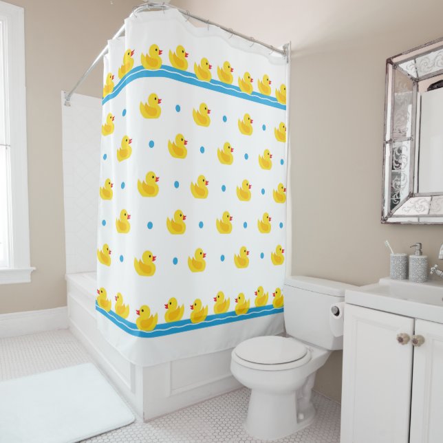 Rubber Duckys Blue and White Patterned Shower Curtain (In Situ)