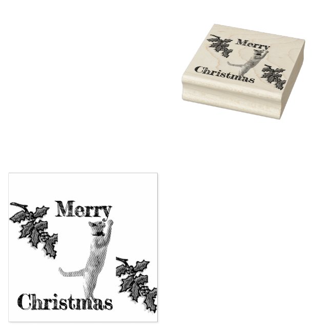 Rubber Stamp - Merry Christmas Holly and Cat (Stamped)