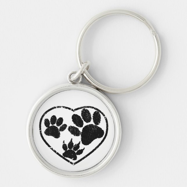 Rubber Stamped Heart And Pet Paw Prints Key Ring (Front)