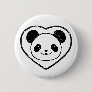 Rubber Stamped Panda Bear And Heart 6 Cm Round Badge