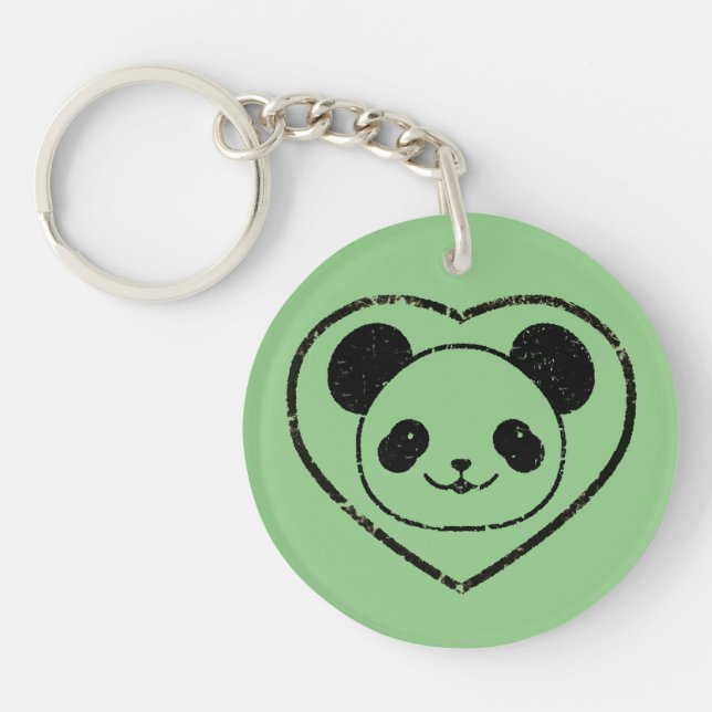 Rubber Stamped Panda Bear And Heart  Key Ring (Front)