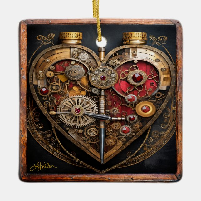 Rubies And Gears Heart Steampunk Series Ceramic Ornament (Front)