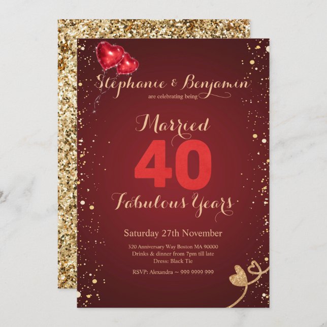 Ruby 40th Wedding Anniversary Gold Glitter Elegant Invitation (Front/Back)