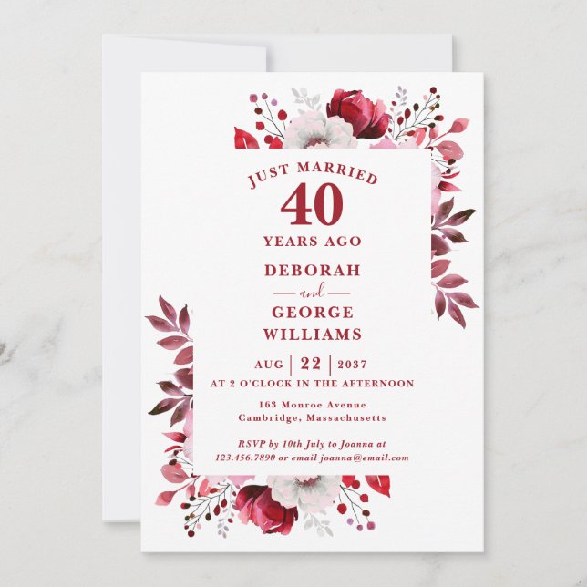 Ruby 40th Wedding Anniversary Monogram Floral  Invitation (Front)