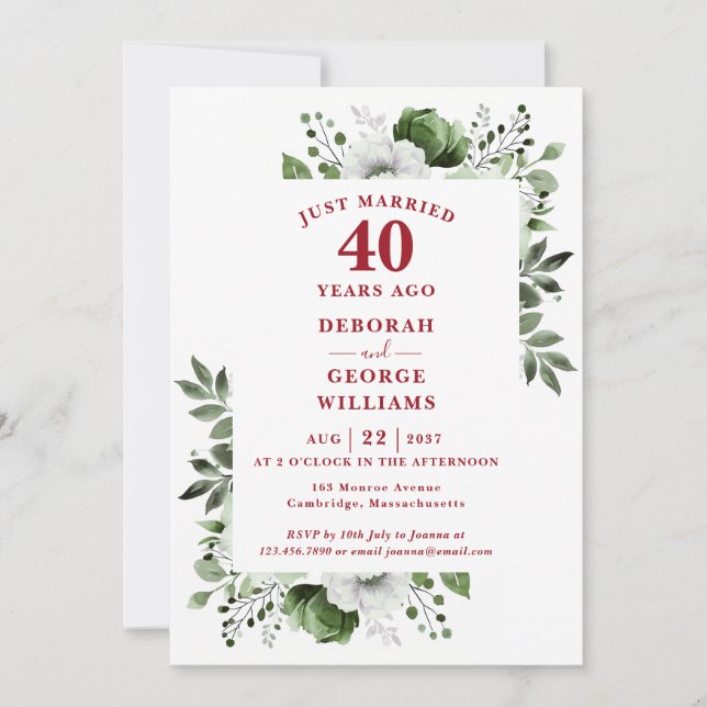 Ruby 40th Wedding Anniversary Monogram Floral  Invitation (Front)